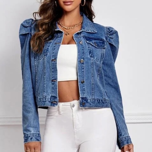 Medium Wash Distressed Puff Sleeve Button Denim Jean Jacket - Picture 4 of 5